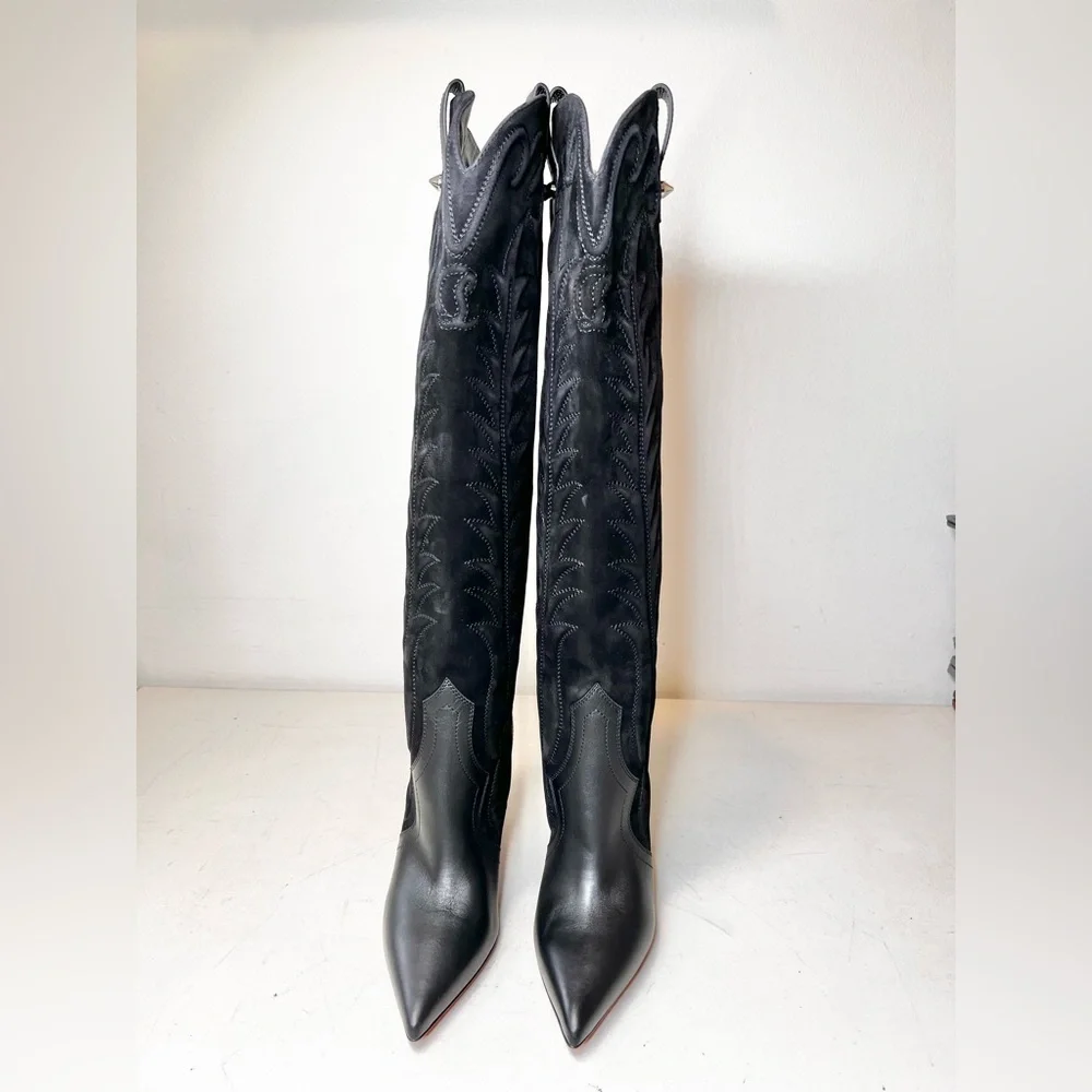 Christian Louboutin Santia Botta 85mm Knee-High Western Pointed Toe Heeled Boots - Picture 5 of 11
